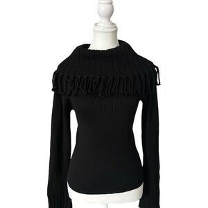 “Mac & Jac” Black Fringe Trim Knit Long Sleeve Turtleneck Style Sweater